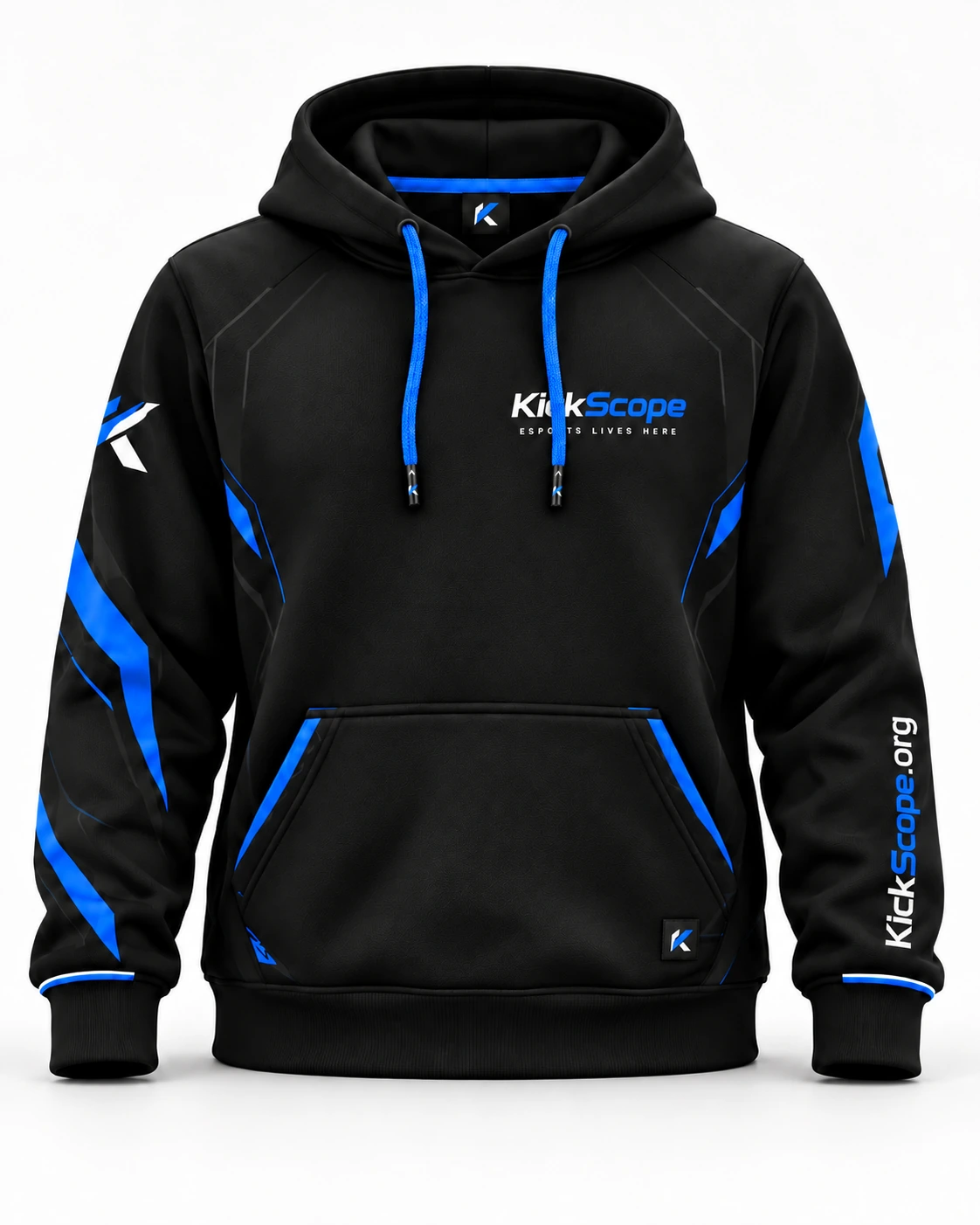 KickScope E-Sport Hoodie – Schwarz-Blau - Vorderansicht